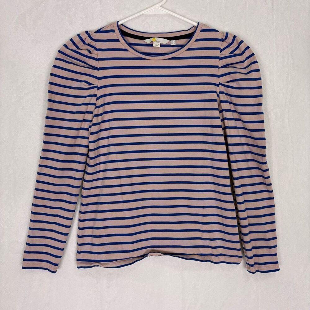 Boden Striped Puff Sleeve Long Sleeve Cotton Top Pink‎ with Blue Stripes 4